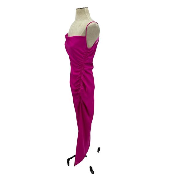 Bhldn Jennings Satin Dress Cowl-Neck‎ Ruched Side-Slit Satin Gown Fuchsia Size 4 - Picture 7 of 16